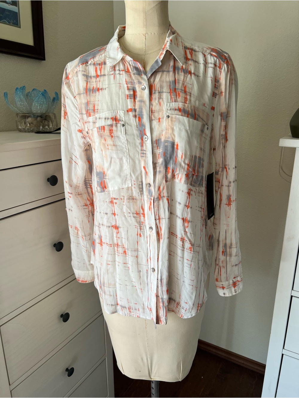 Calvin Klein White Button-Up Blouse with Orange & Gray Brushstroke Print